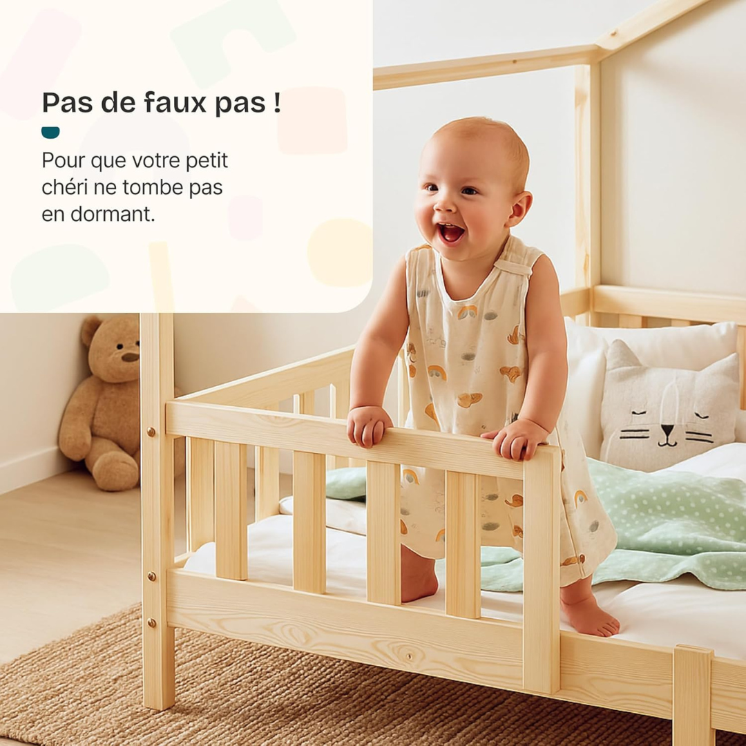 Grand lit cabane Montessori avec barrière + matelas - 120x200cm - Bois naturel
