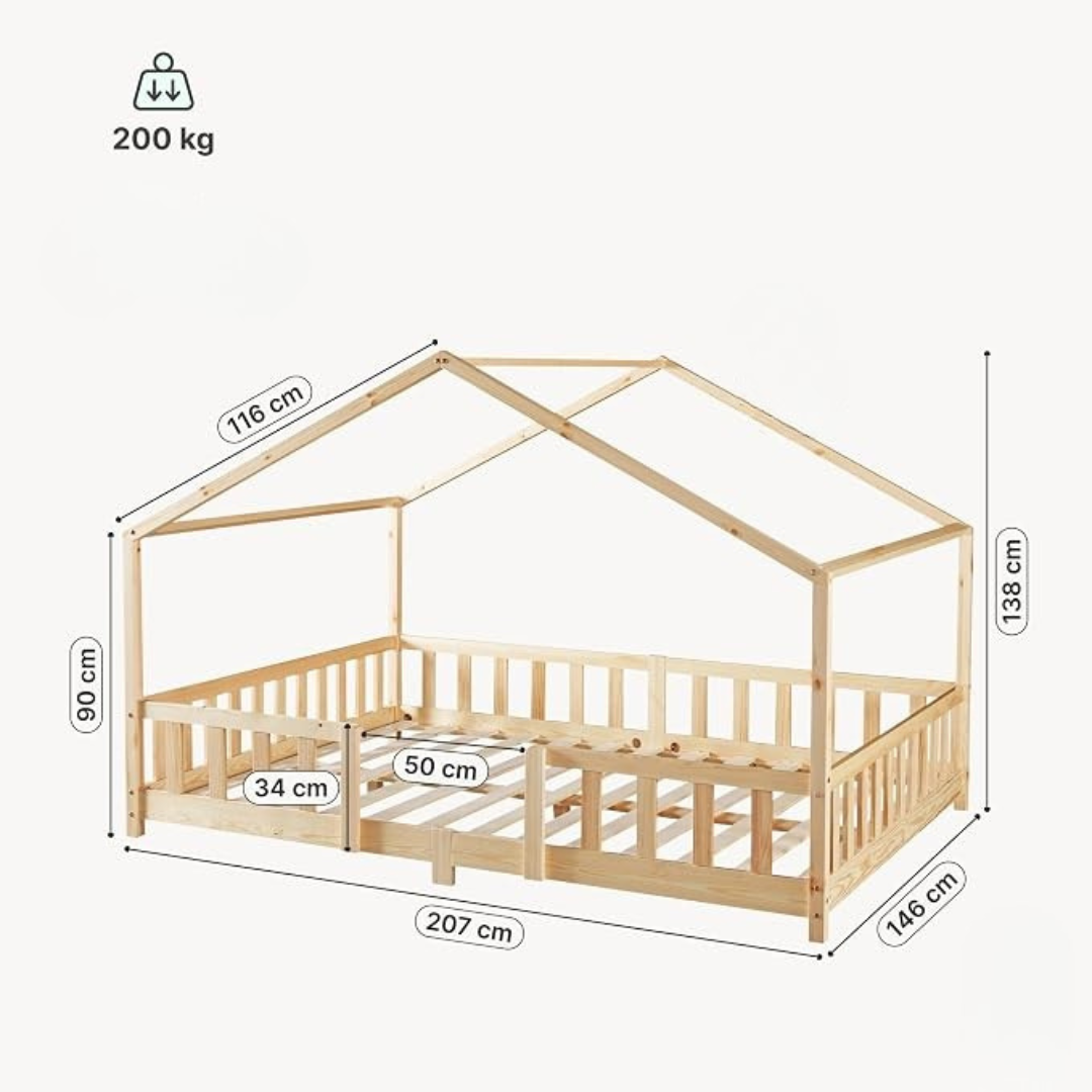 Grand lit cabane double avec barrière - 140x200cm - Bois naturel