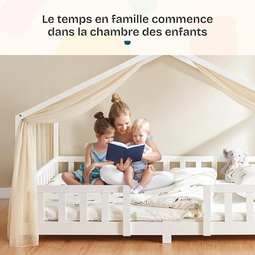 Grand lit cabane double avec barrière - 120x200cm - Blanc