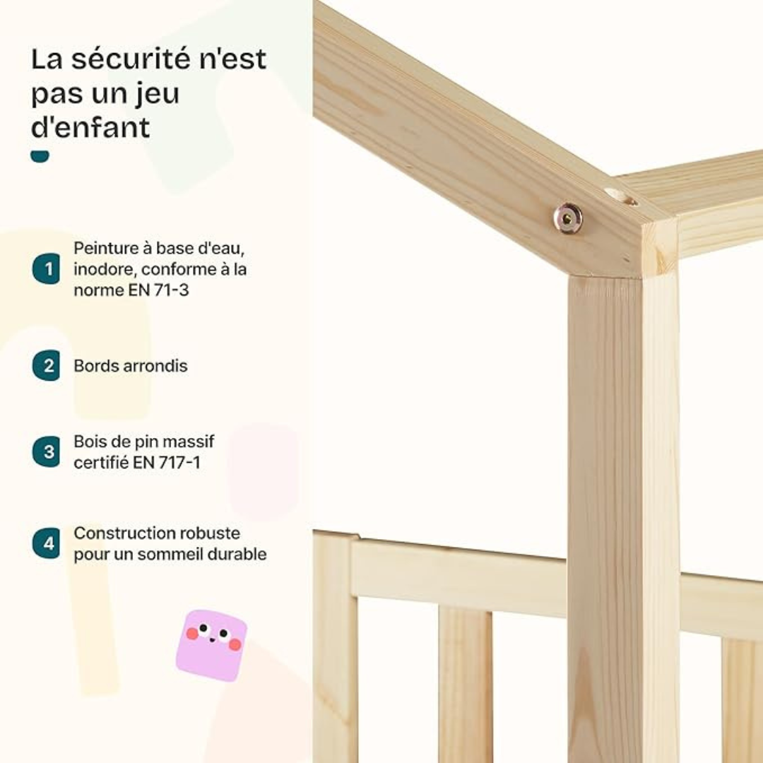 Grand lit cabane double avec barrière - 140x200cm - Bois naturel