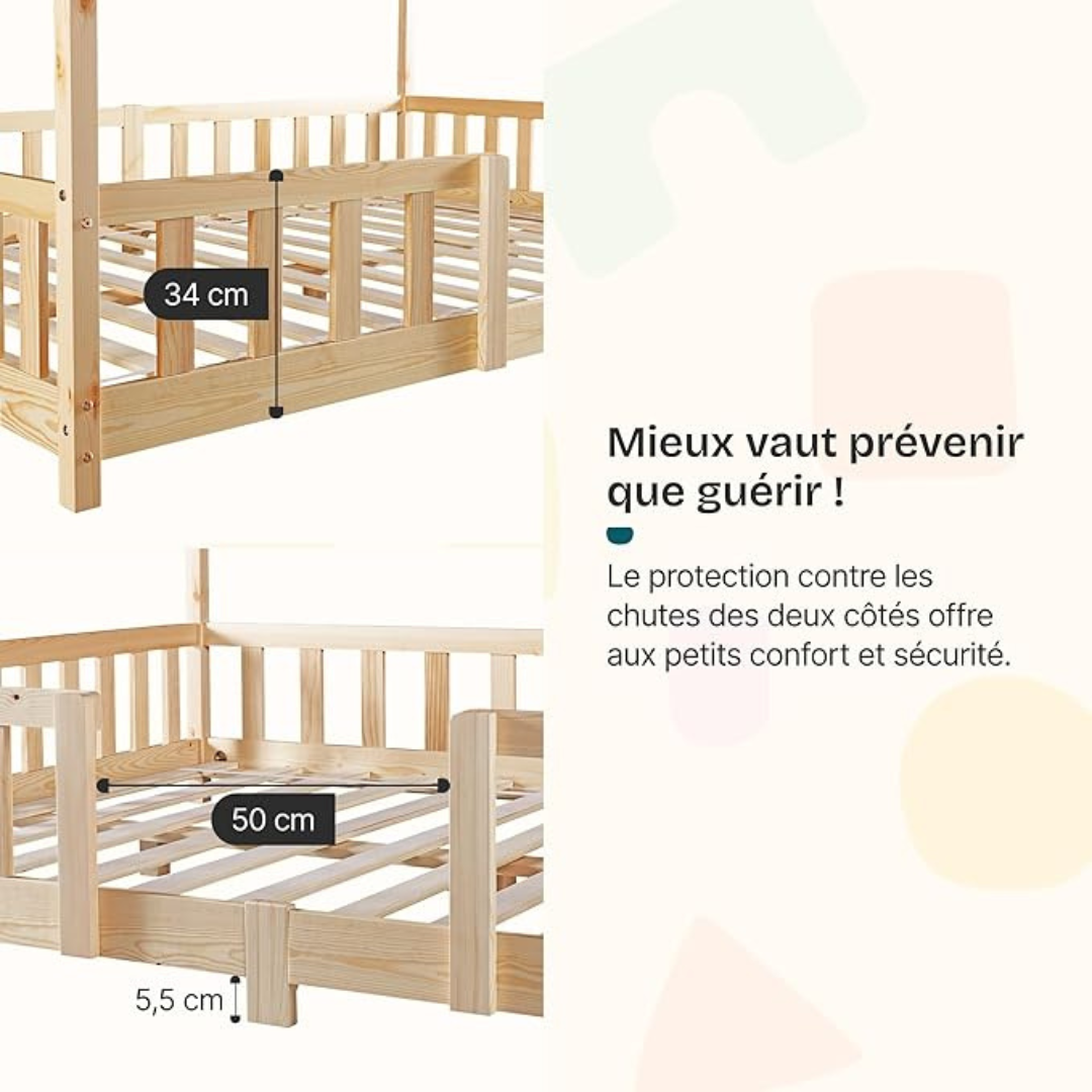 Grand lit cabane double avec barrière - 140x200cm - Bois naturel