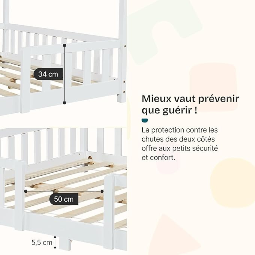 Lit cabane avec barrière - 90x200 cm - Blanc