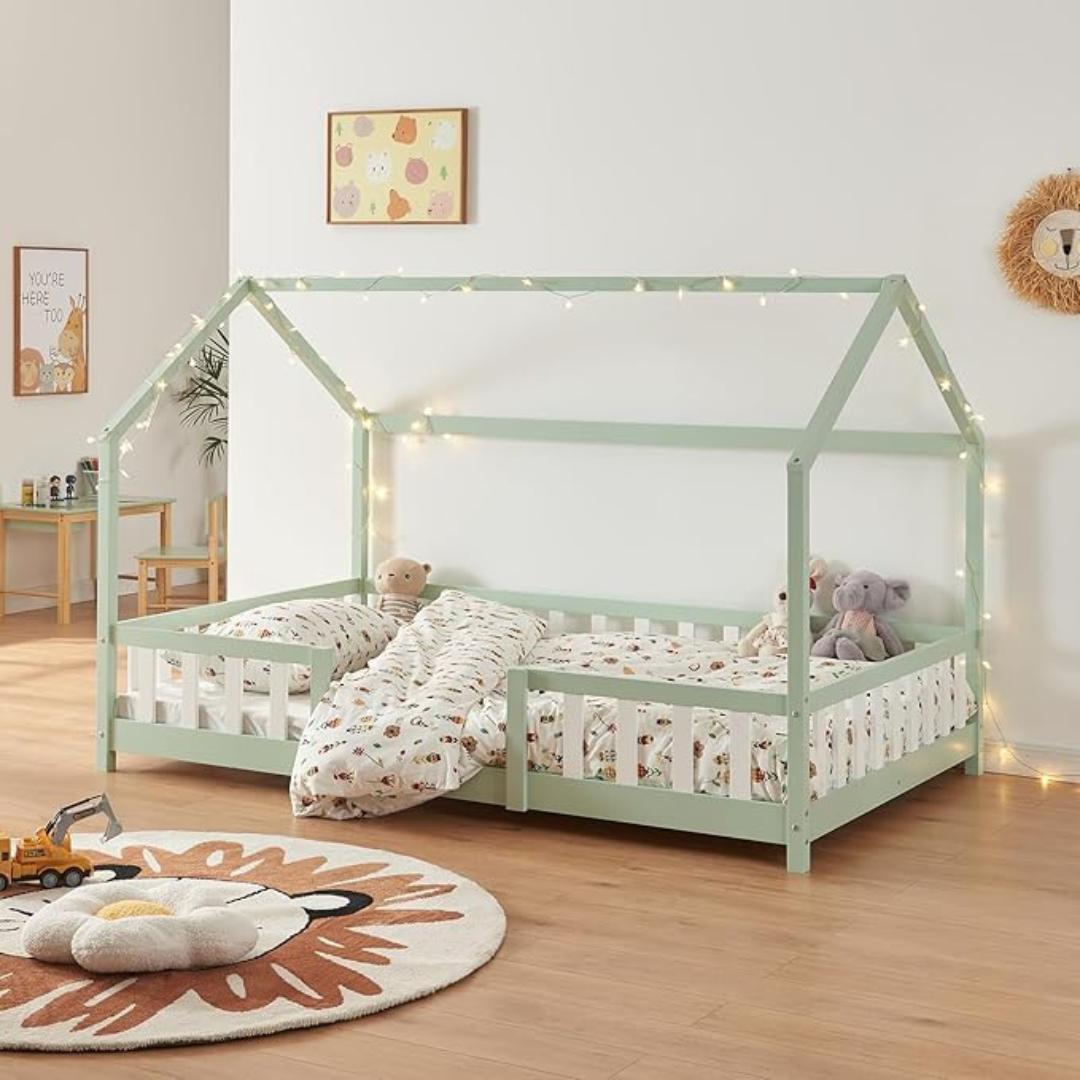 Lit cabane avec barrière - 90x200 cm - Vert menthe