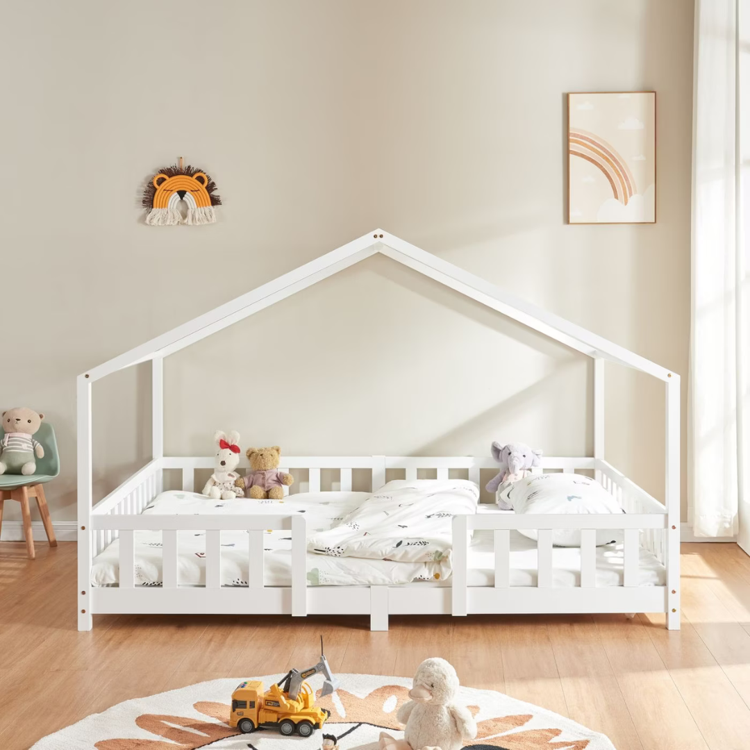 Grand lit cabane double avec barrière - 140x200cm - Blanc
