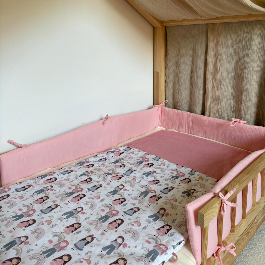 Tour de lit cabane double gaze rose blush