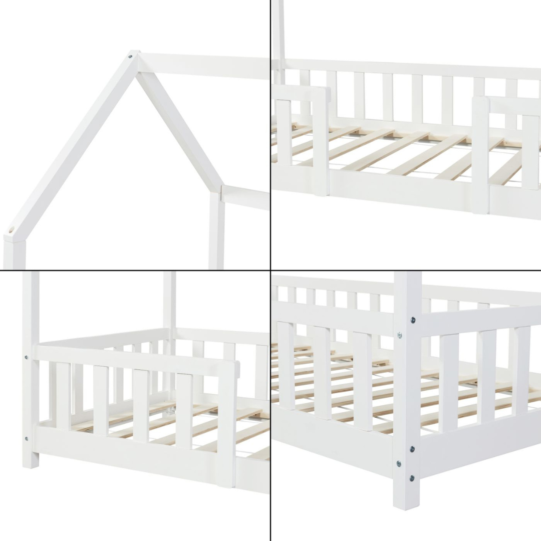 Lit cabane avec barrière + matelas - 90x200cm - Blanc