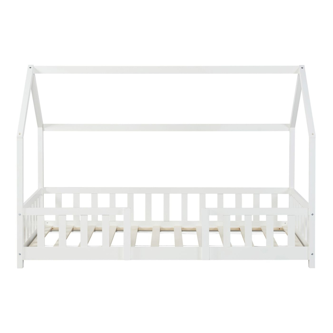 Lit cabane avec barrière + matelas - 90x200cm - Blanc