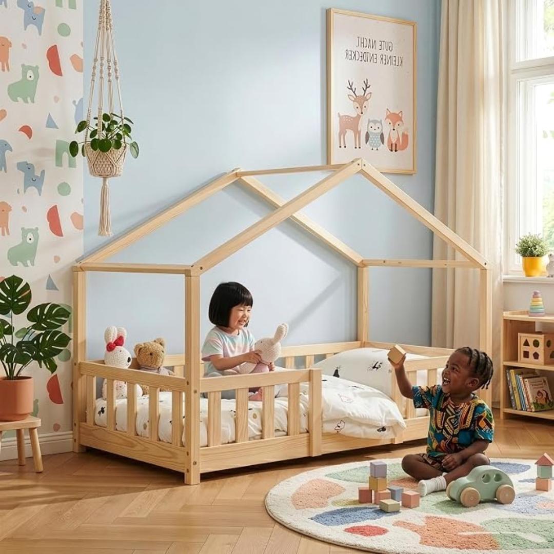 Cabinebed met barrière en matras 70x140cm - Natuurlijk hout