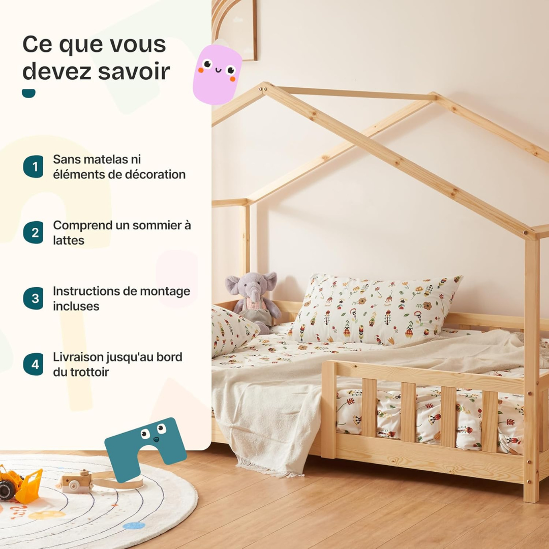 Grand lit cabane double avec barrière - 140x200cm - Bois naturel