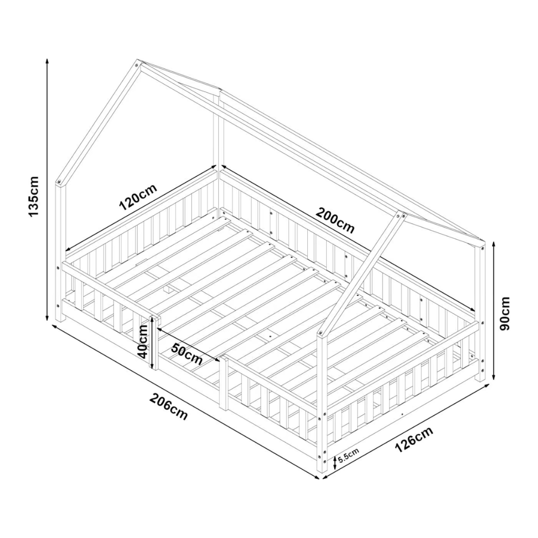Grand lit cabane double avec barrière - 120x200cm - Bois naturel