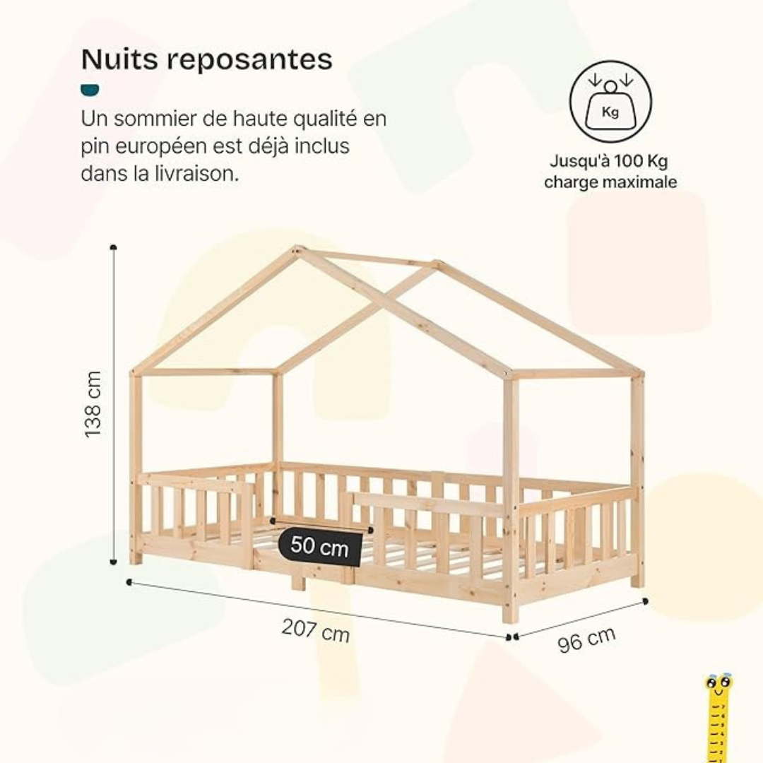 Lit cabane avec barrière - 90x200 cm - Bois naturel