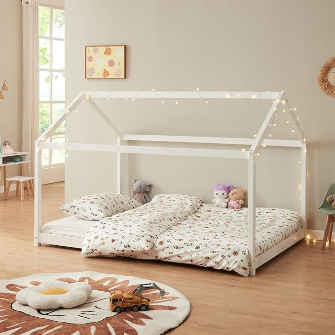 Lit Cabane Enfant 140x200 Cm - Bois Massif Avec Barrières De Sécurité - Style Montessori