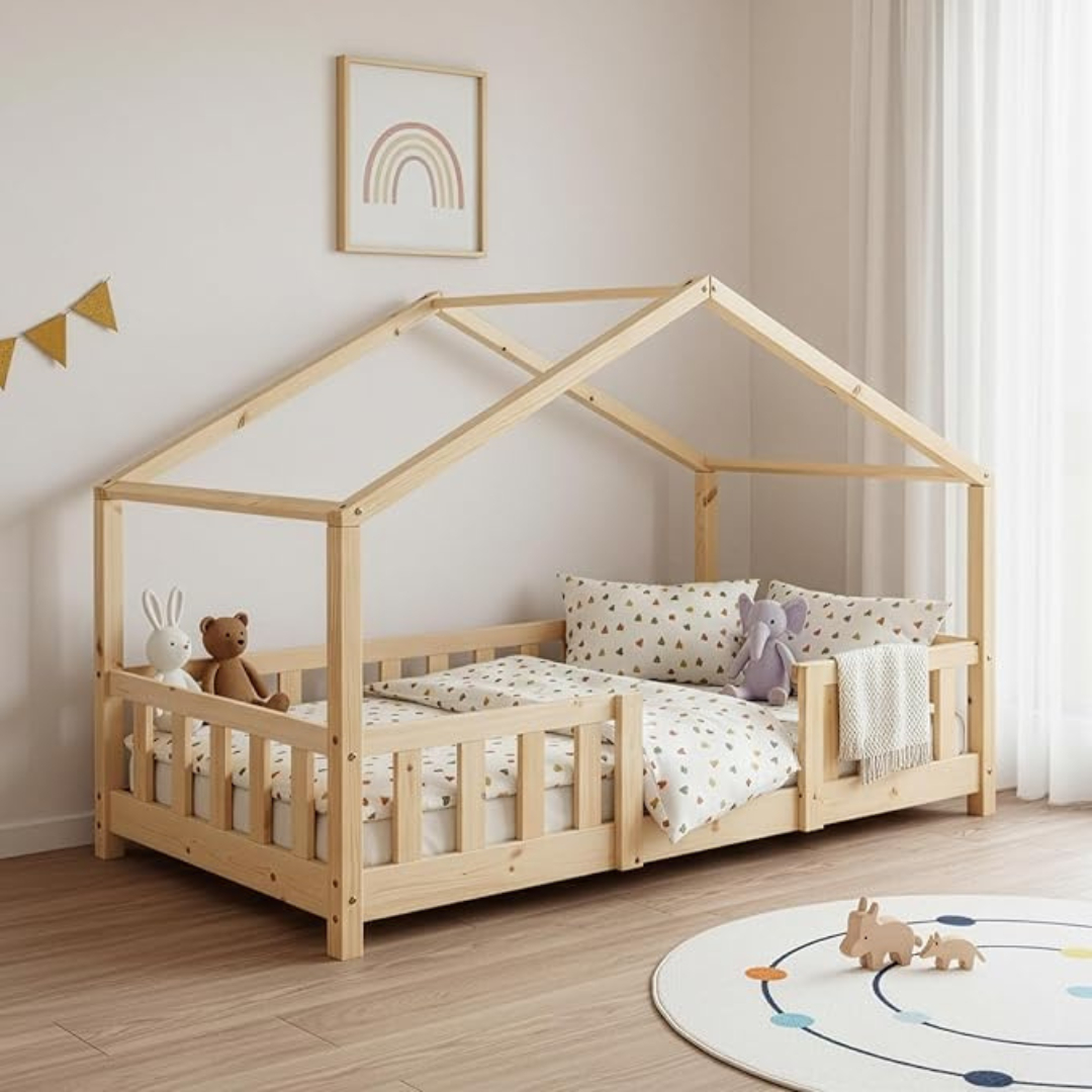 Grand lit cabane double avec barrière - 140x200cm - Bois naturel