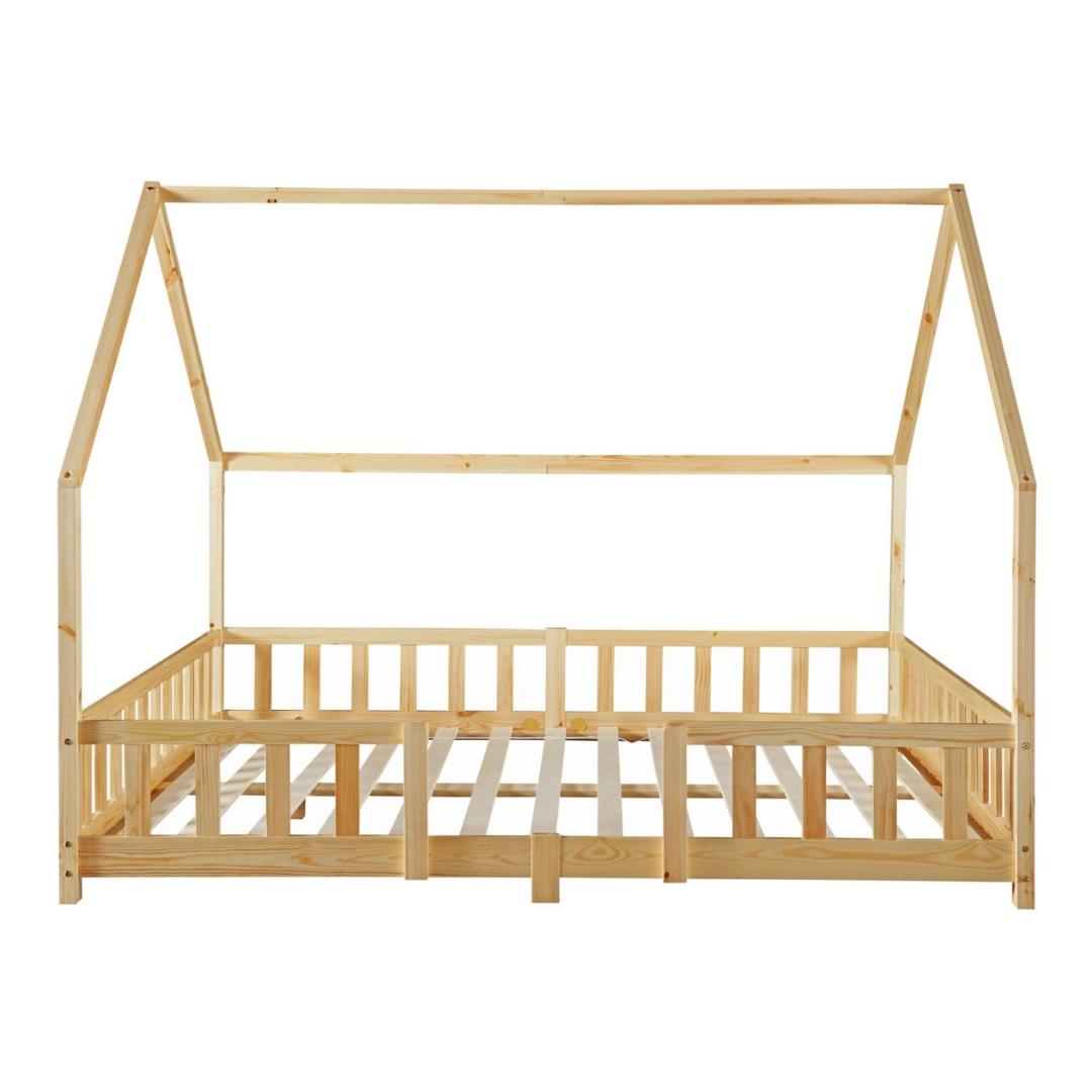 Grand lit cabane double avec barrière - 120x200cm - Bois naturel