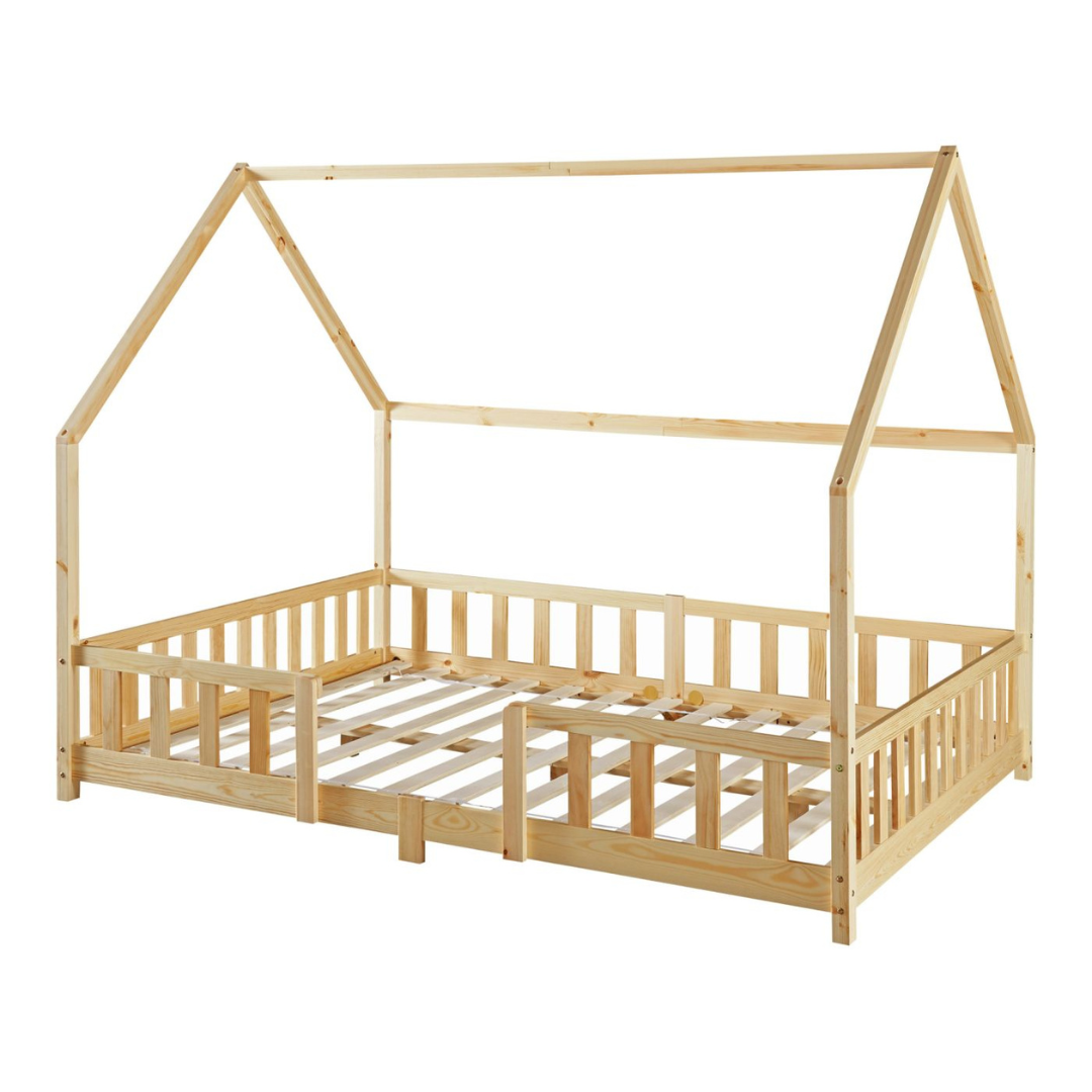 Grand lit cabane Montessori avec barrière + matelas - 120x200cm - Bois naturel