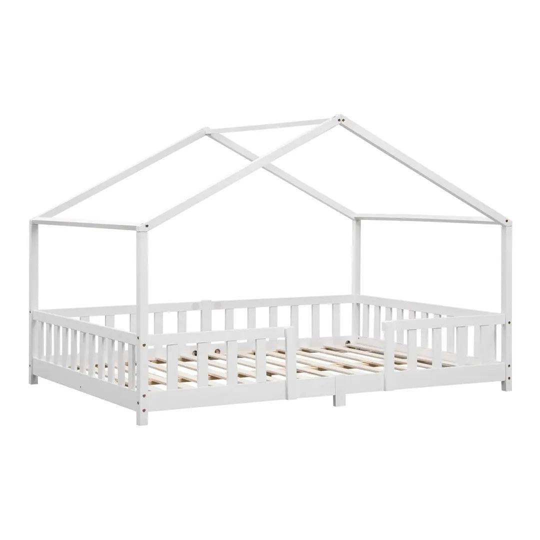 Grand lit cabane double avec barrière - 120x200cm - Blanc