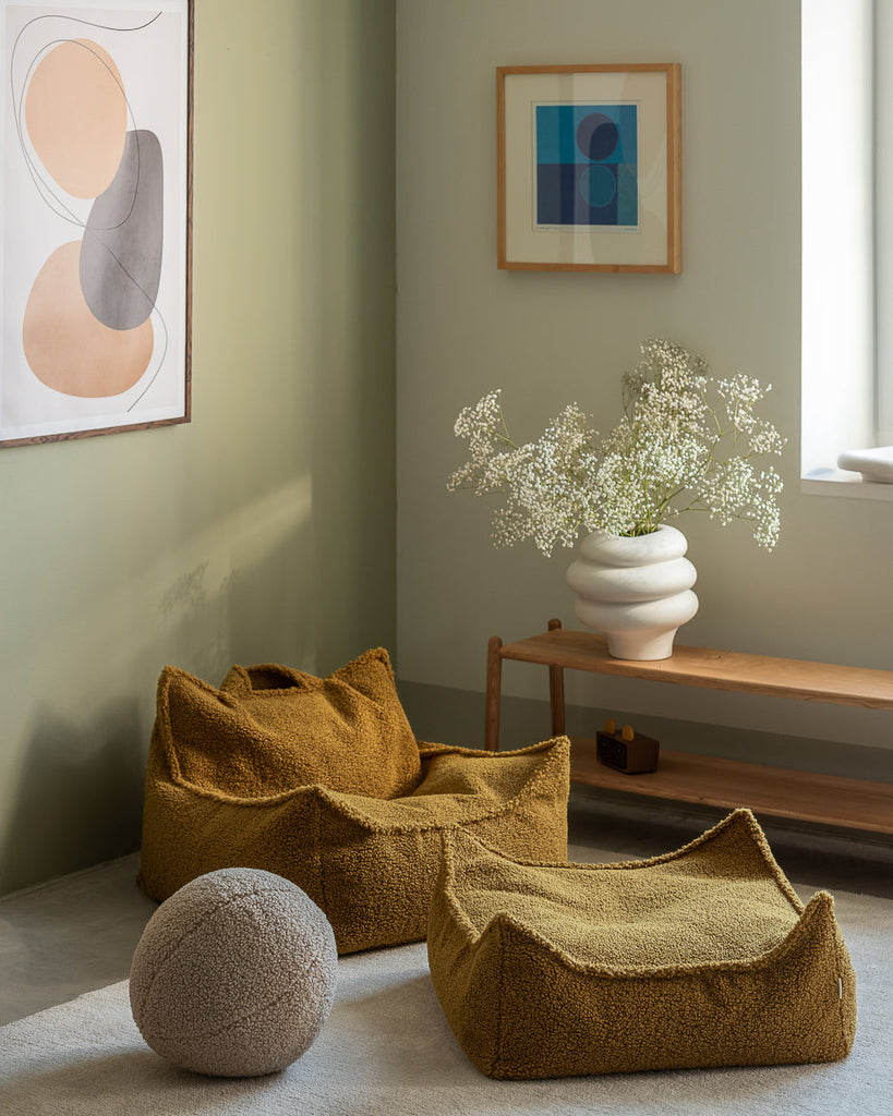 Pouf carré bouclette Jaune moutarde