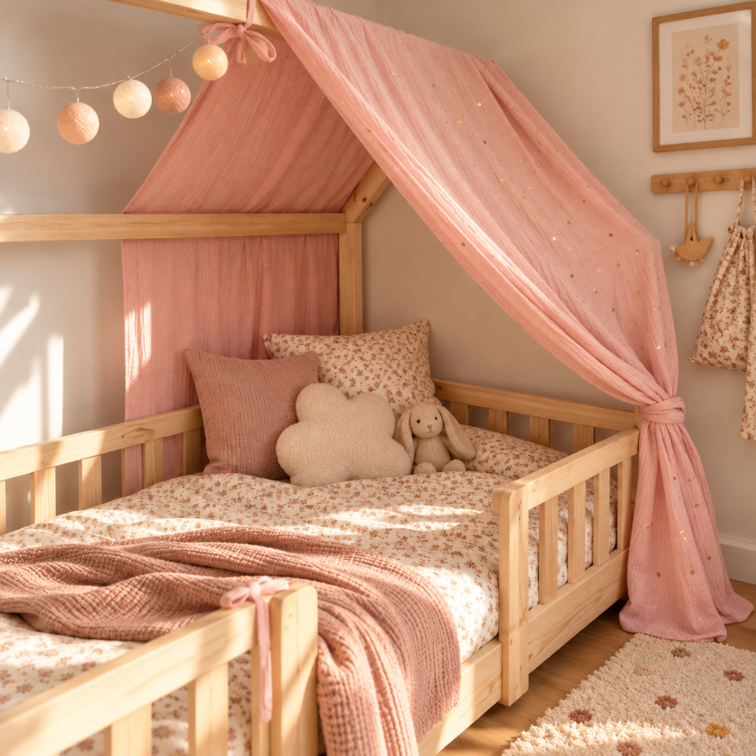 Ciel de lit cabane Rose blush pois dorés