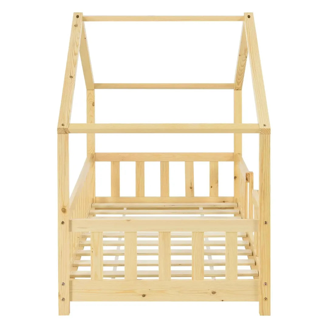 Lit cabane avec barrière 70x140cm - Bois naturel