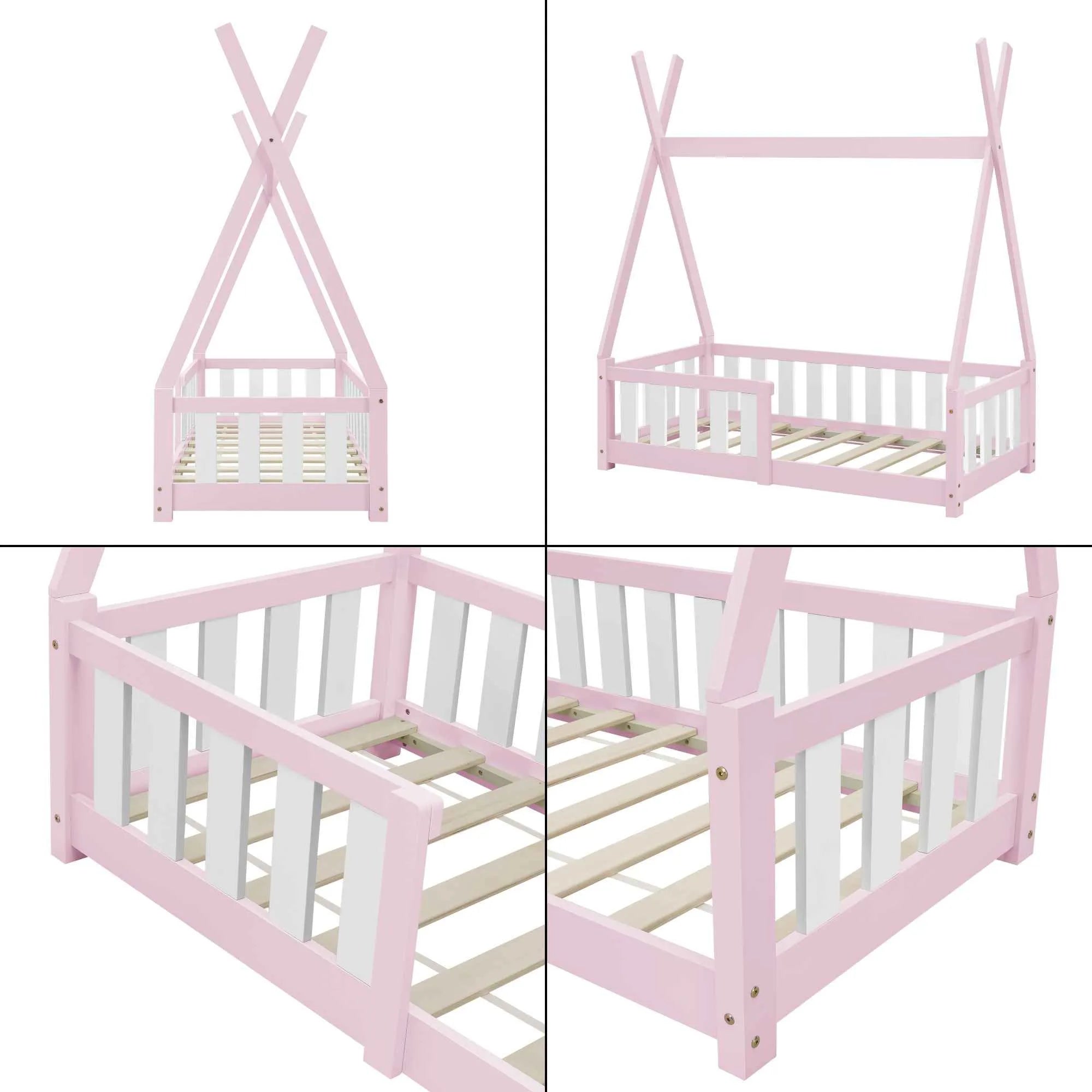 Tipi bed 70x140cm met barrière - Roze & wit