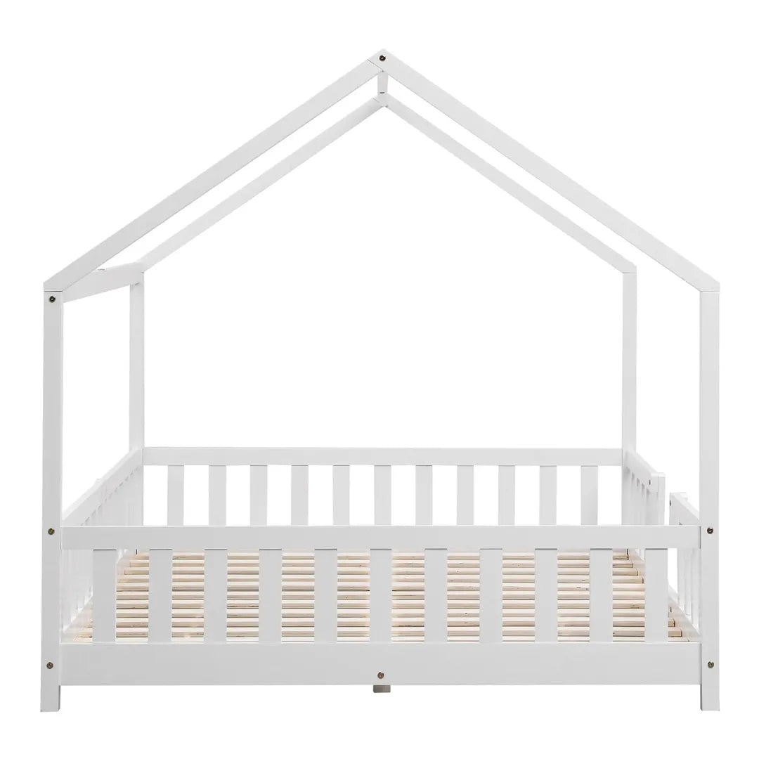 Grand lit cabane double avec barrière - 140x200cm - Blanc