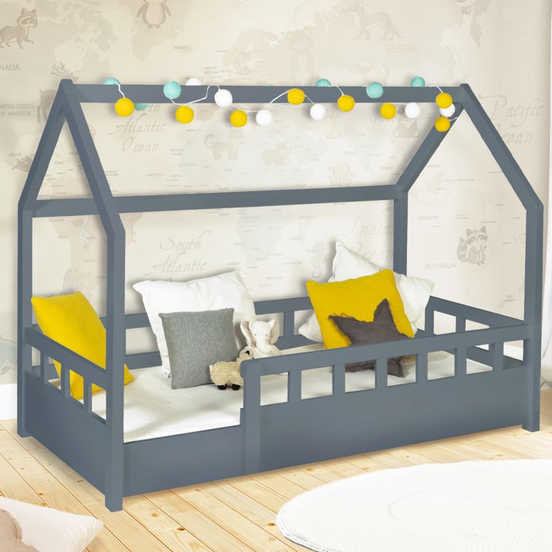 Lit cabane gris avec barrière