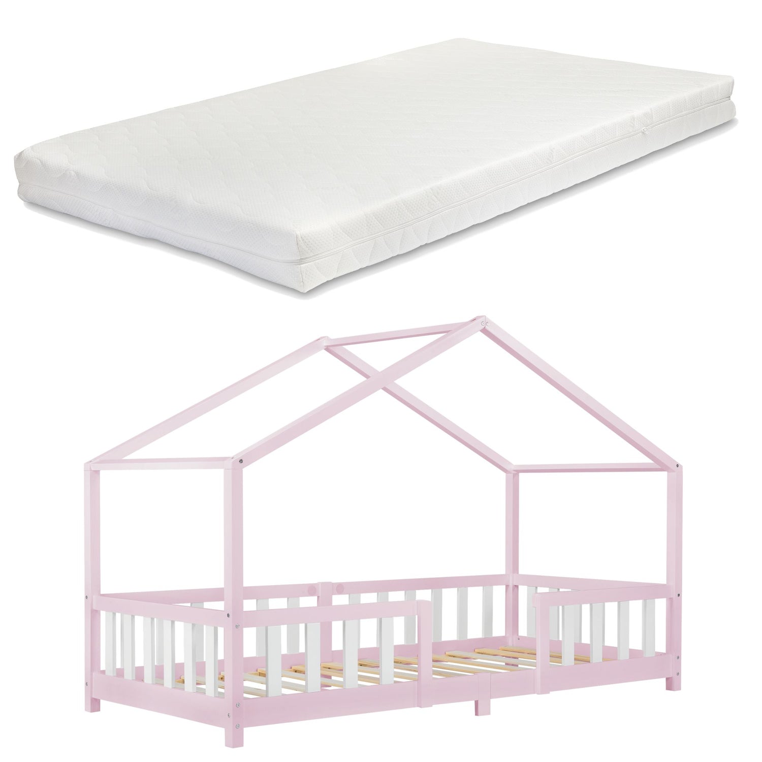 Lit cabane avec barrière + matelas - 90x200cm - Rose & Blanc