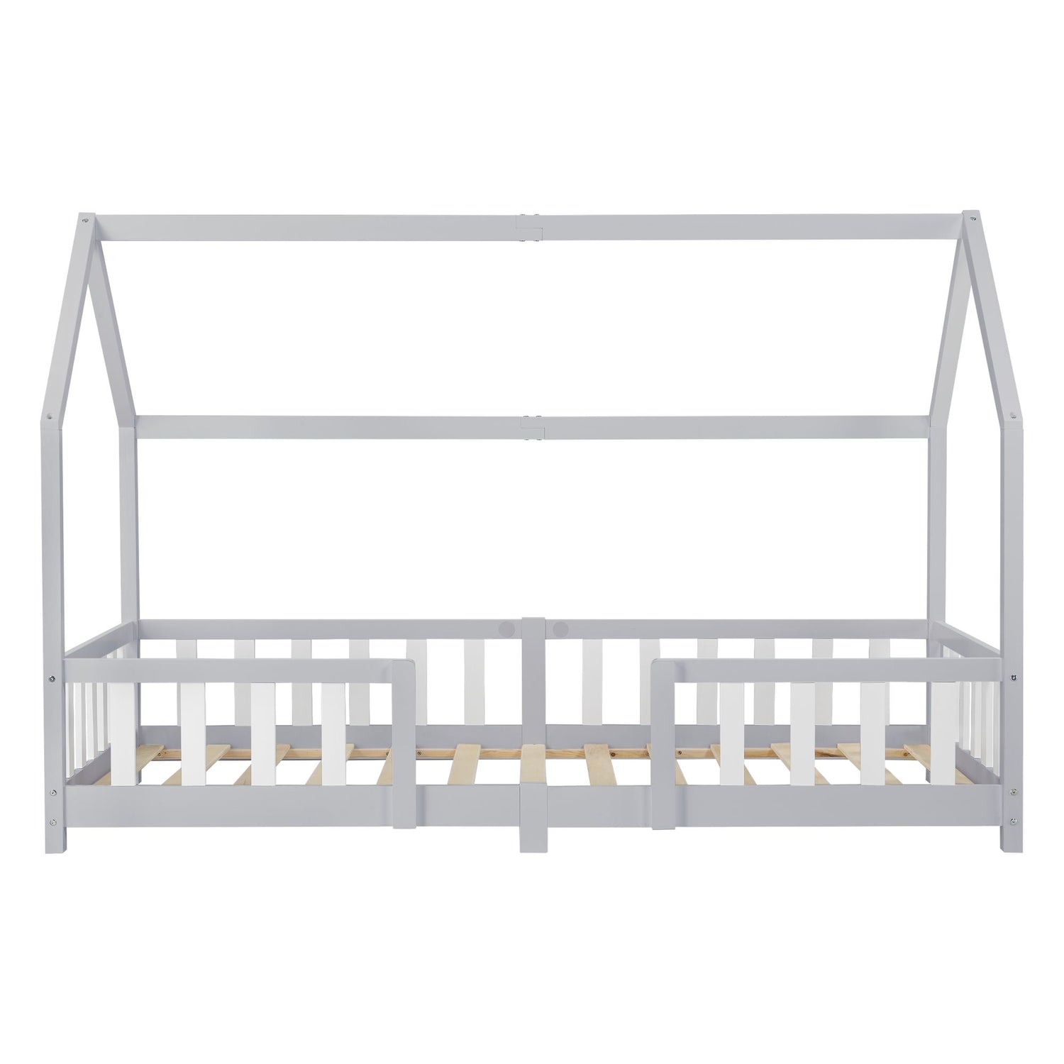 Lit cabane avec barrière + matelas - 90x200cm - Gris & blanc