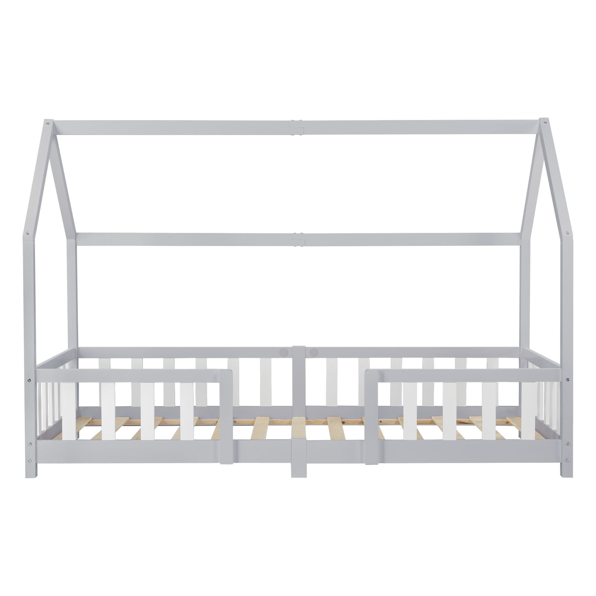 Lit cabane avec barrière + matelas - 90x200cm - Gris & blanc