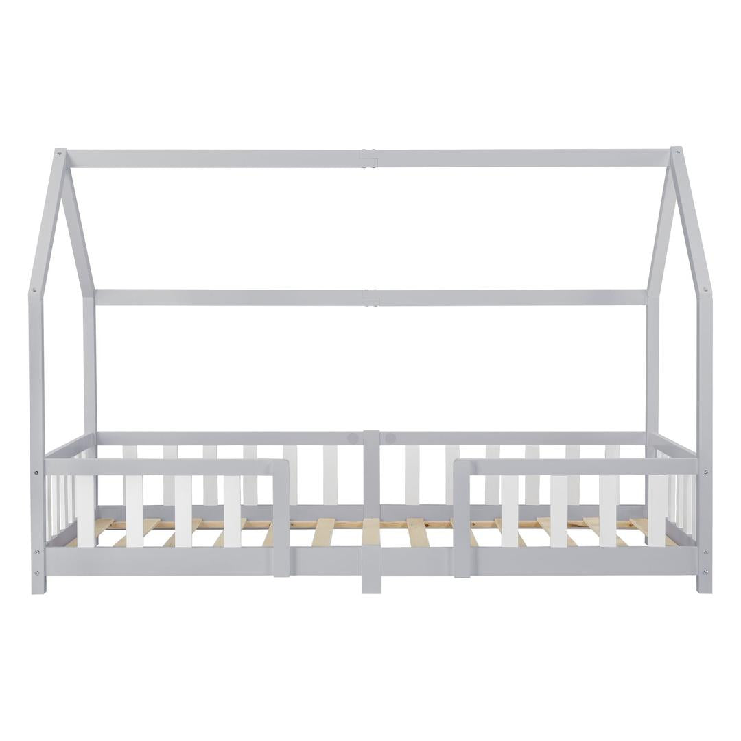 Lit cabane avec barrière + matelas - 90x200cm - Gris & blanc