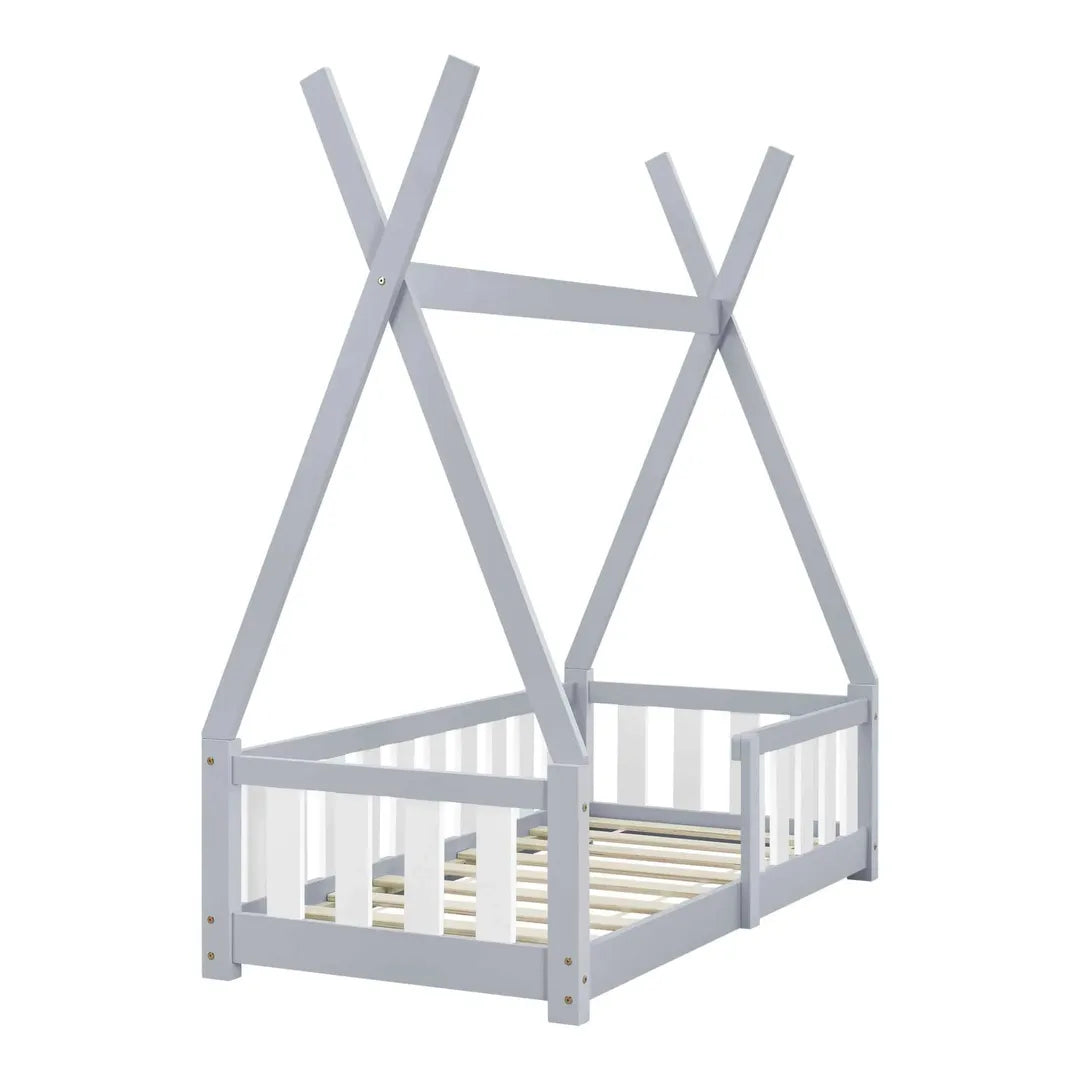 Lit tipi 70x140cm avec barrière - Gris & blanc
