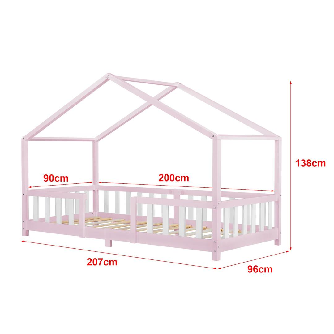 Lit cabane avec barrière + matelas - 90x200cm - Rose & Blanc