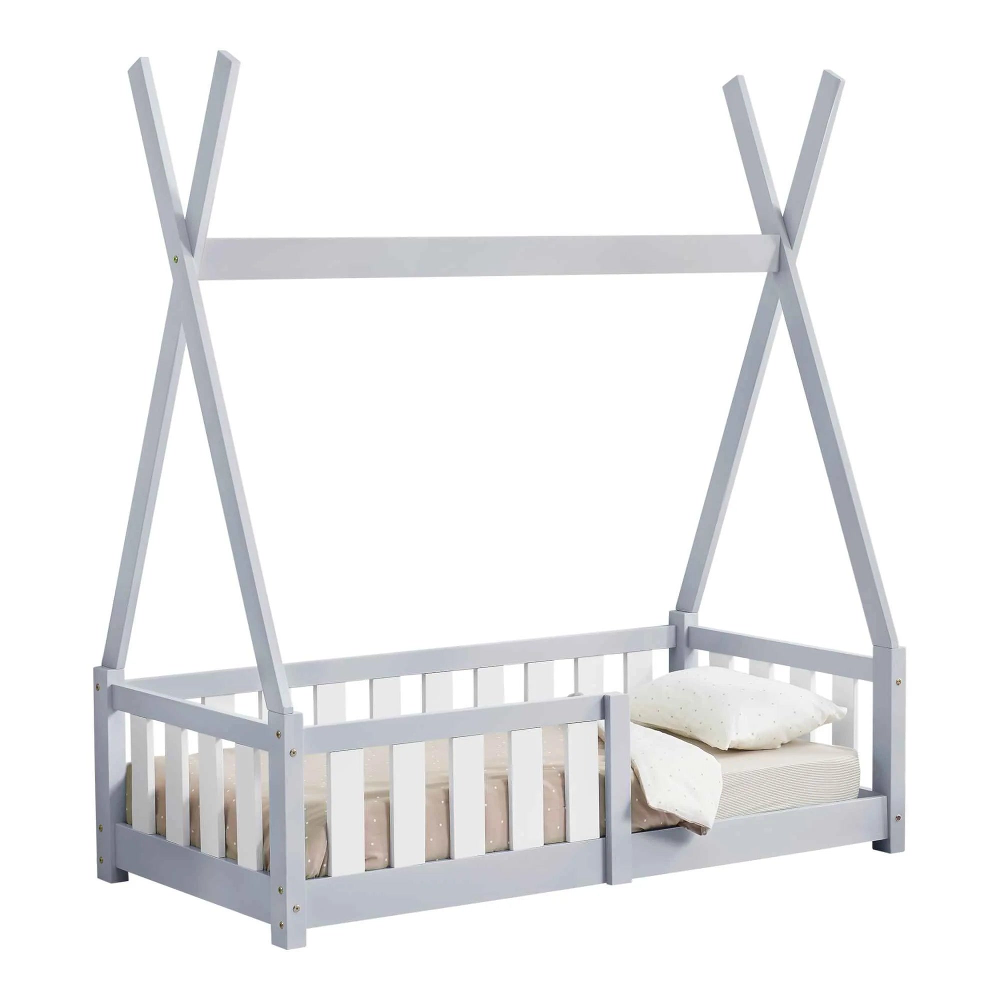 Tipi bed 70x140cm met barrière - Grijs & wit