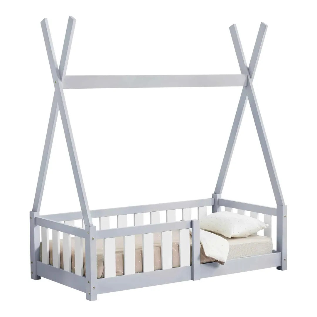 Lit tipi 70x140cm avec barrière - Gris & blanc