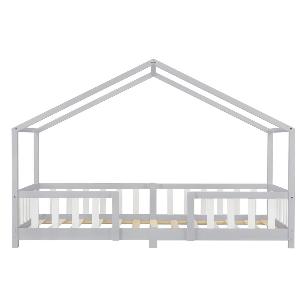 Lit cabane avec barrière + matelas - 90x200cm - Gris & Blanc