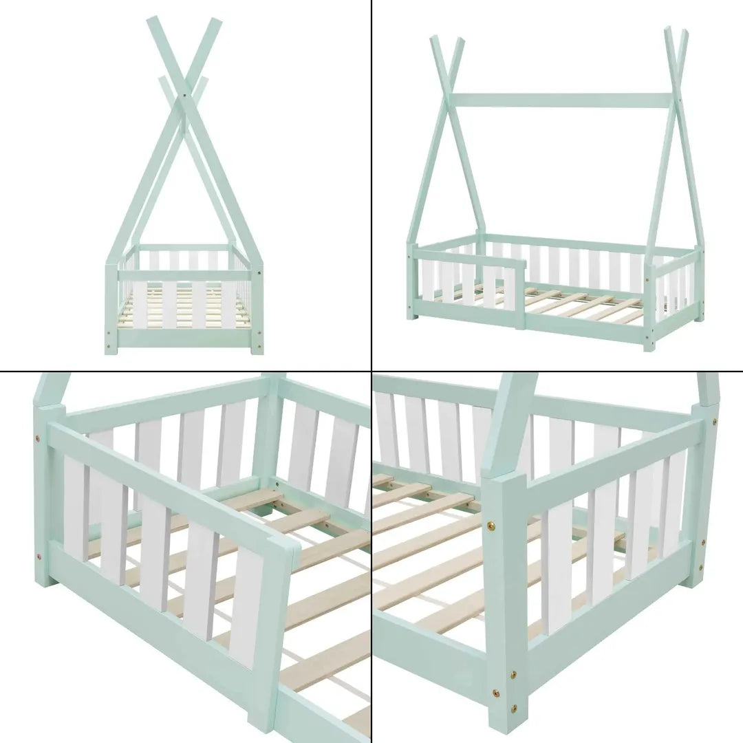 Lit tipi 70x140cm avec barrière - Vert & Blanc
