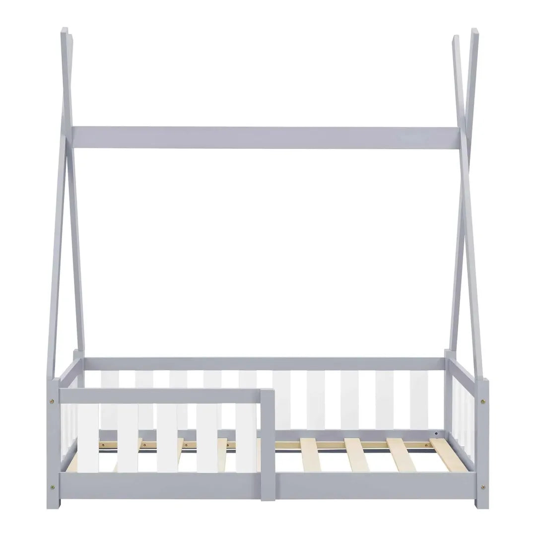 Lit tipi 70x140cm avec barrière - Gris & blanc