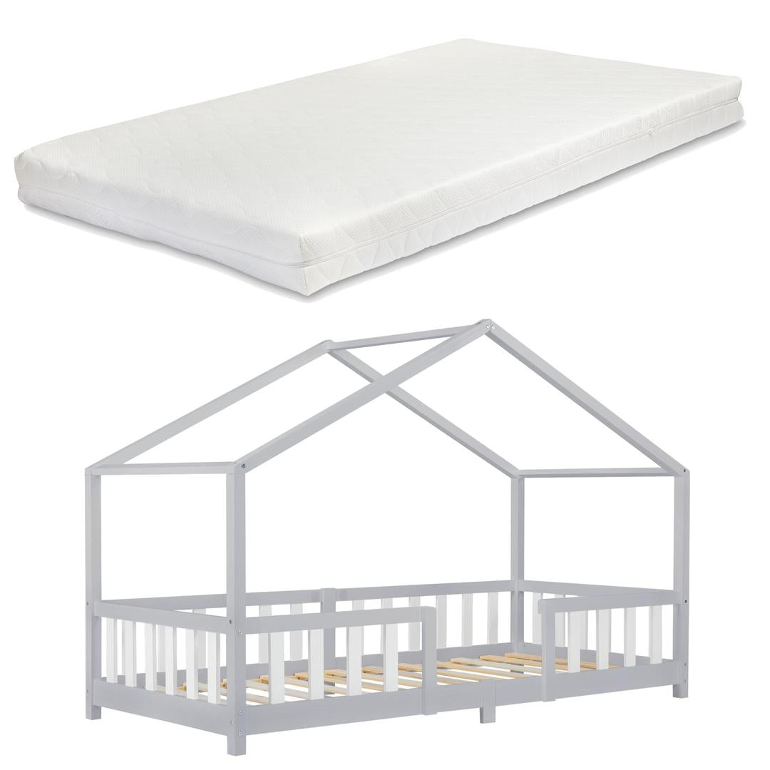 Lit cabane avec barrière + matelas - 90x200cm - Gris & Blanc
