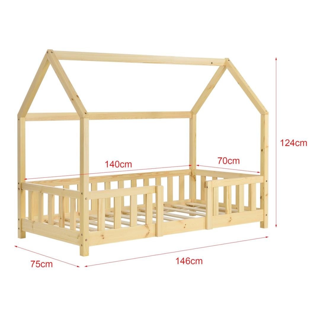 Lit cabane avec barrière + matelas - 70x140cm - Bois naturel
