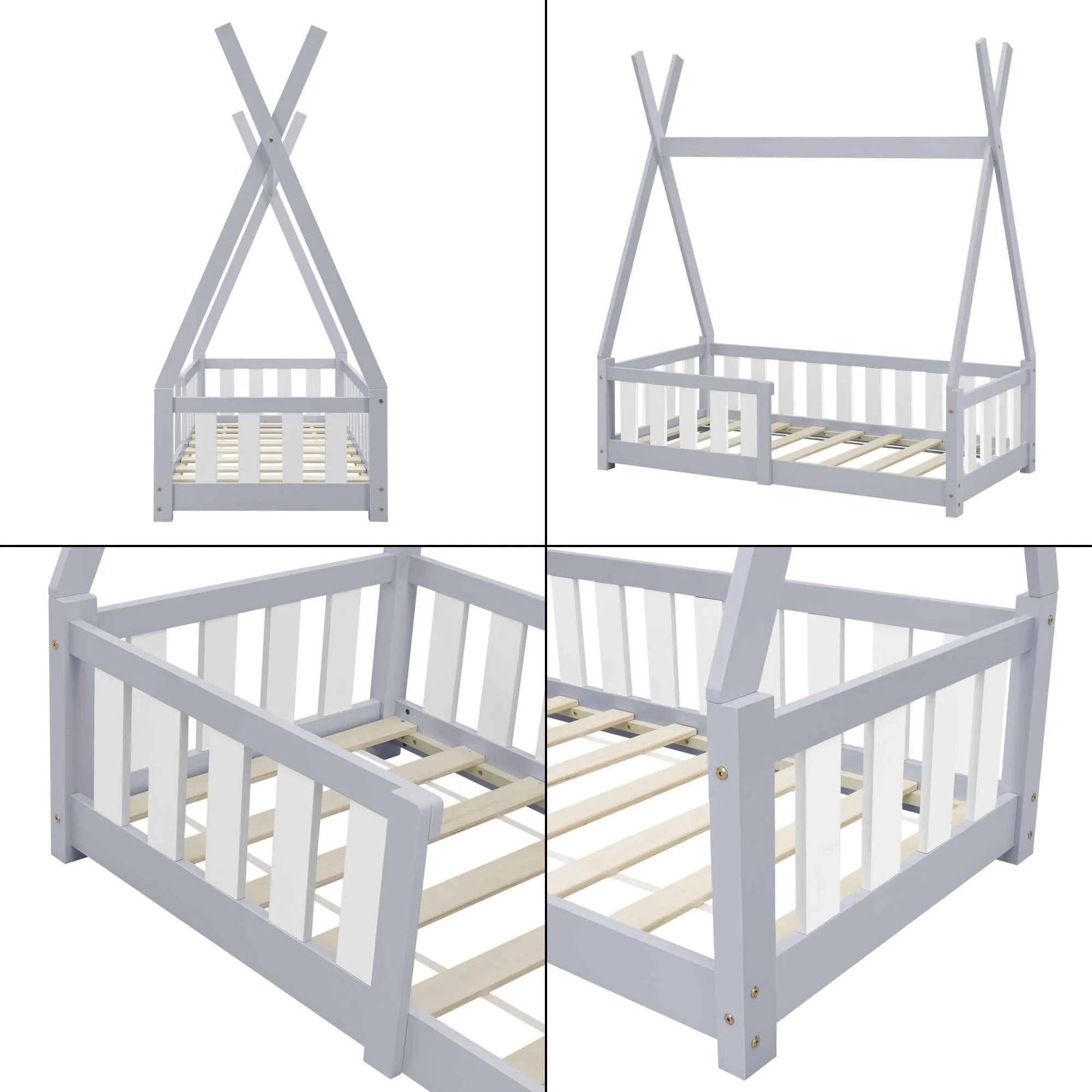 Tipi bed 70x140cm met barrière - Grijs & wit