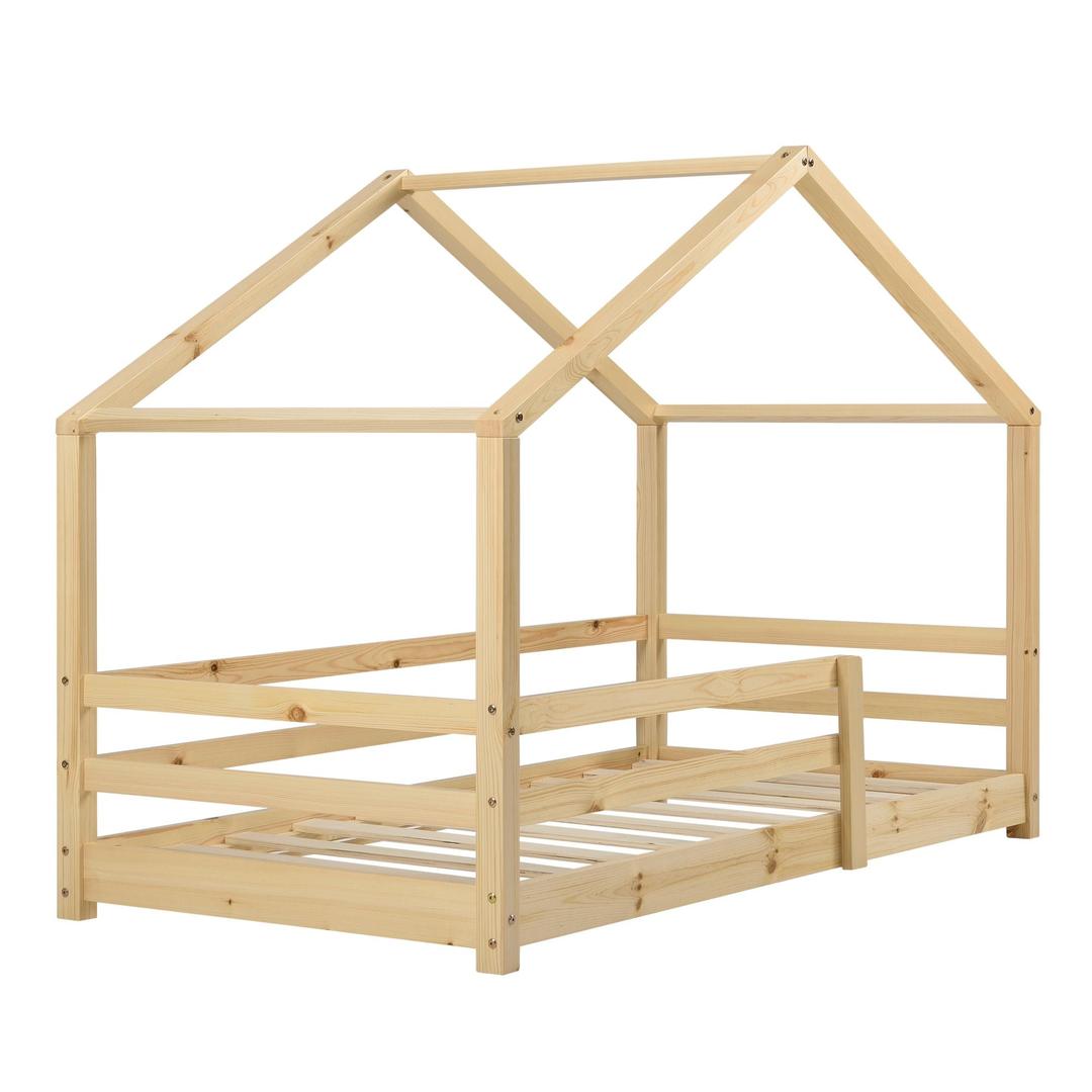 Lit cabane avec barrière et matelas - 70x140cm - Bois naturel