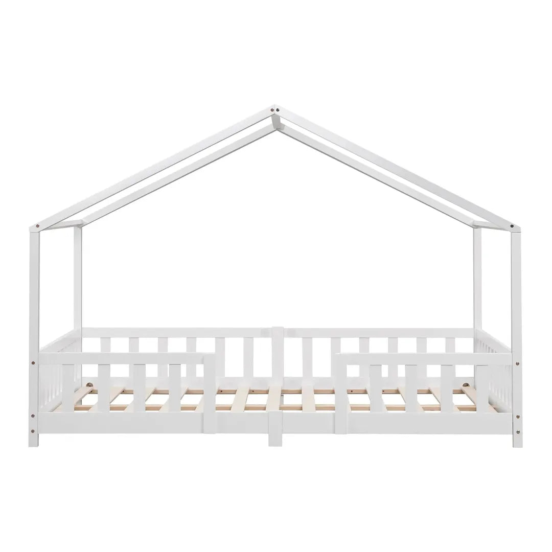 Grand lit cabane double avec barrière - 120x200cm - Blanc