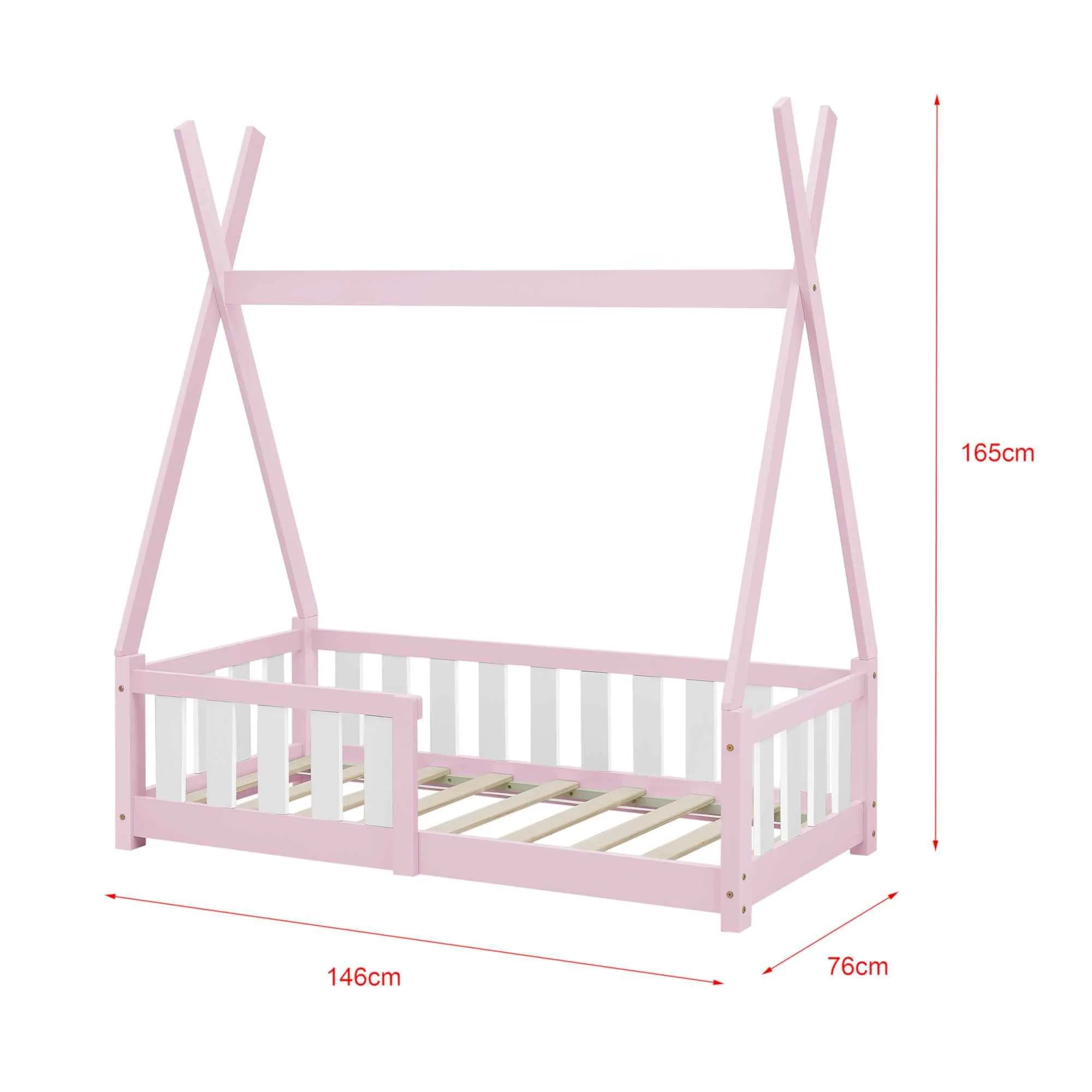 Tipi bed 70x140cm met barrière en matras - Roze & wit