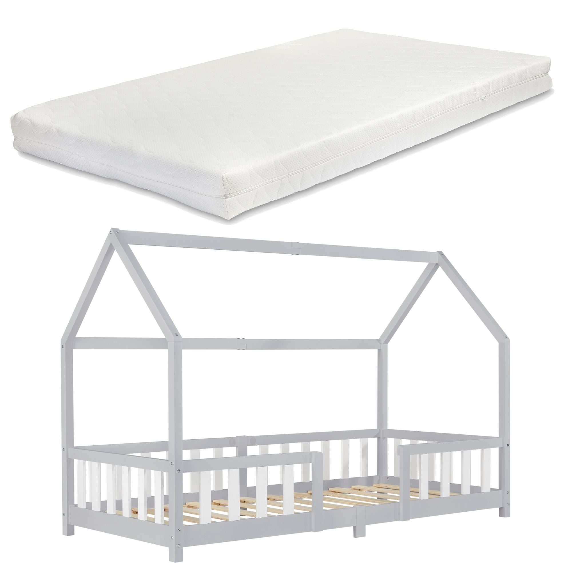 Lit cabane avec barrière + matelas - 90x200cm - Gris & blanc
