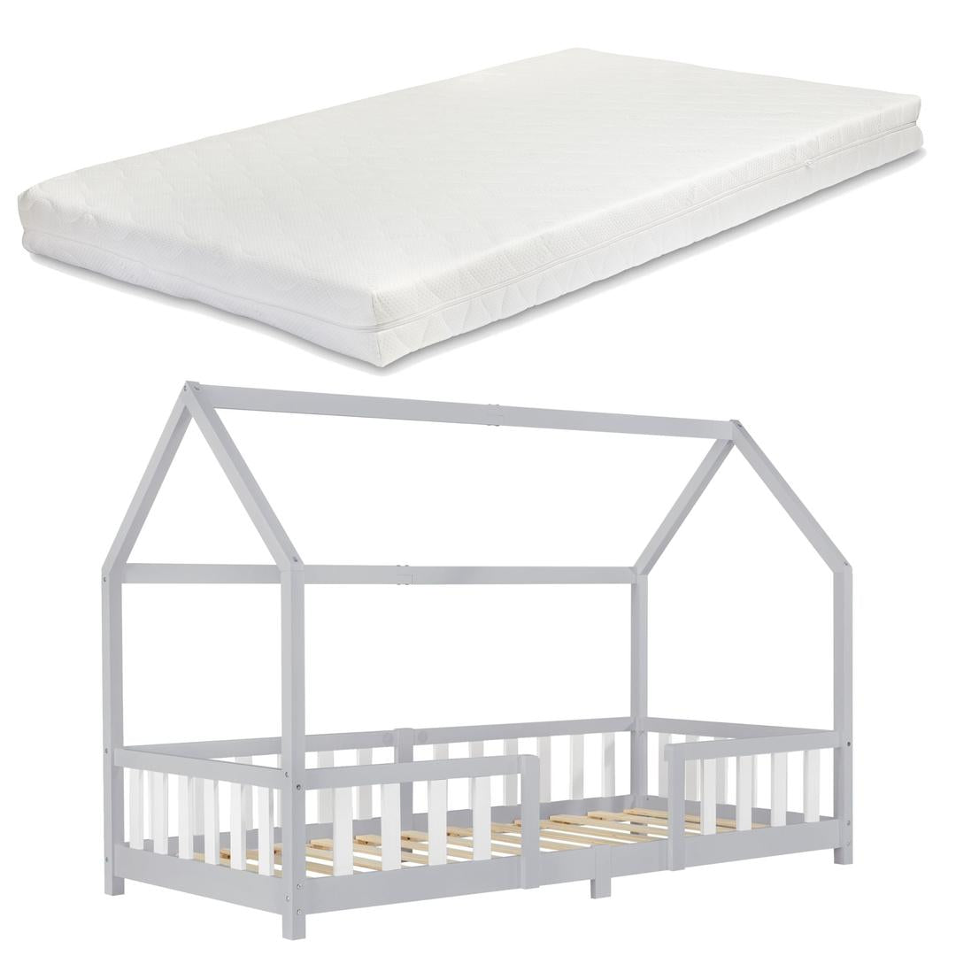 Lit cabane avec barrière + matelas - 90x200cm - Gris & blanc