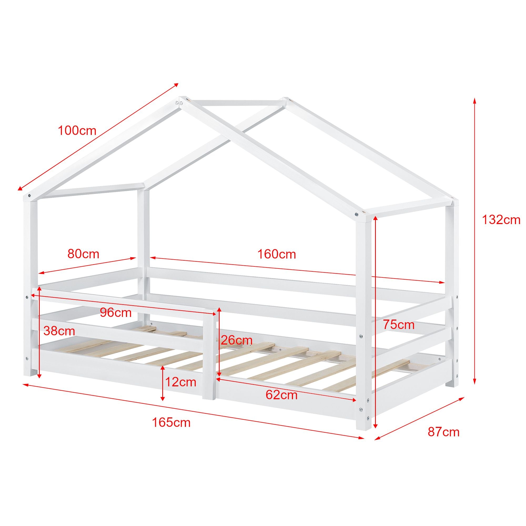 Lit cabane avec barrière + matelas 80x160cm - Blanc
