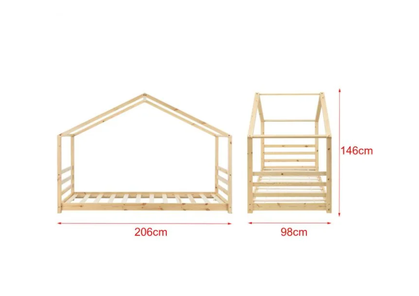 Lit cabane Montessori - 90x200cm - Bois naturel