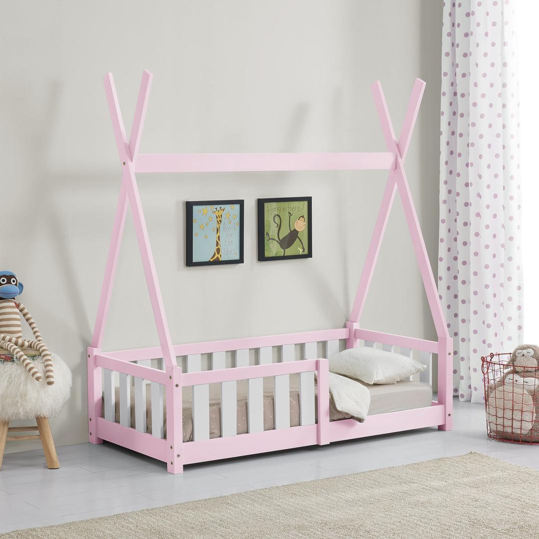 Lit tipi 70x140cm avec barrière - Rose & blanc