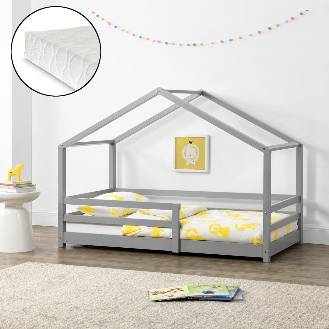 Lit cabane avec barrière et matelas - 90x200cm - Gris