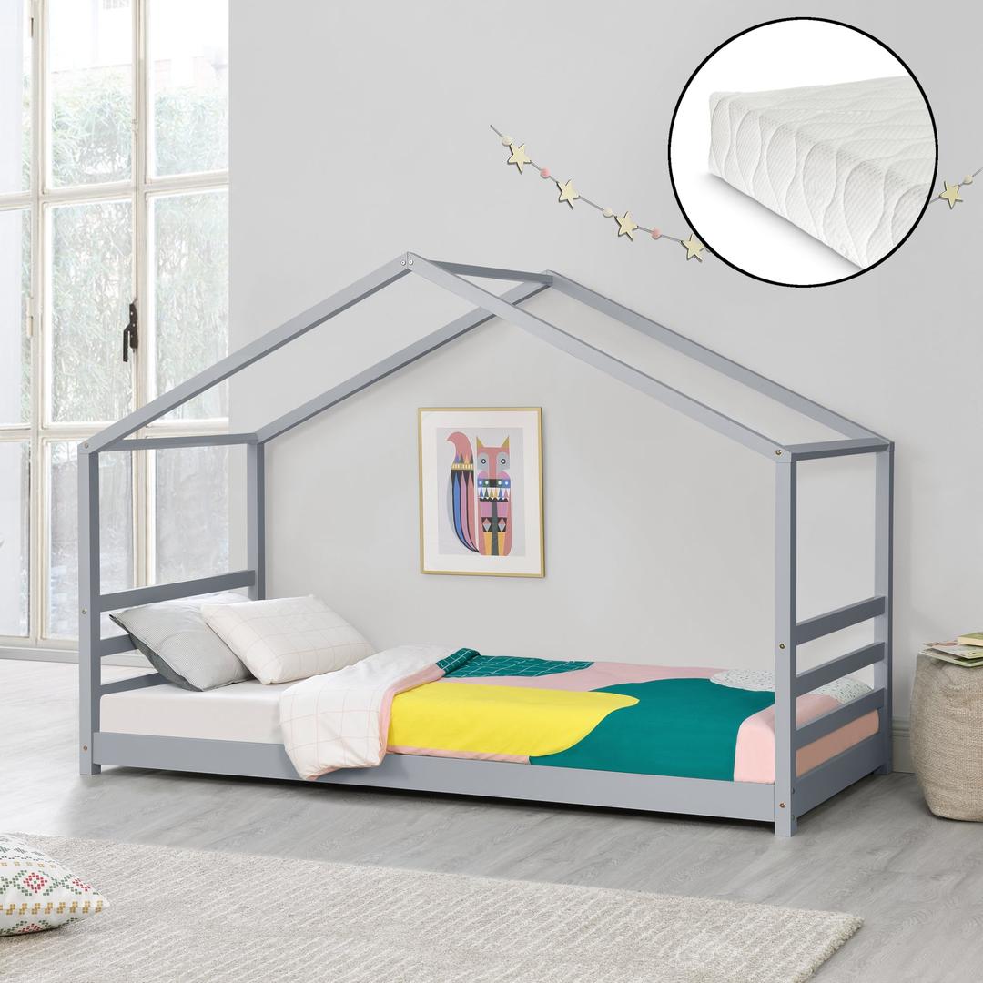 Lit cabane Montessori avec matelas - 90x200cm - Gris